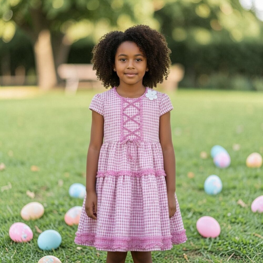 Eafei Fashion Girl's Pink Tweed Dress Velvet Lace Up Pink Lace Trim 19 (10-12 Y)